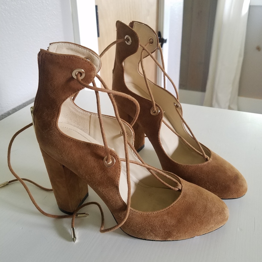 Brown lace up faux suede heels